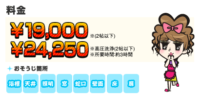 【料金】19,000円 【目安】※(2帖以下)／【料金】24,250円 【目安】※高圧洗浄(2帖以下) ※所要時間：約3時間
