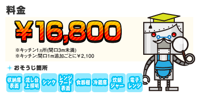 【料金】16,800円 【目安】※キッチン1ヵ所(間口3m未満) ※キッチン:間口1m追加ごとに￥2,100